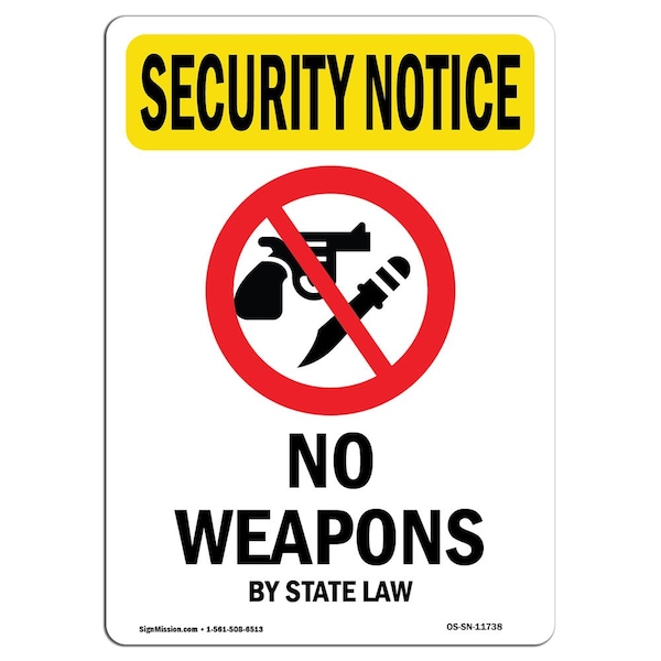OSHA Security Sign, 5" Height, No Weapons By State Law With Symbol, Portrait, 10PK